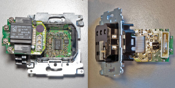 Vue interne du mécanisme électronique de la commande Arnould 650-25 avec ses composants.