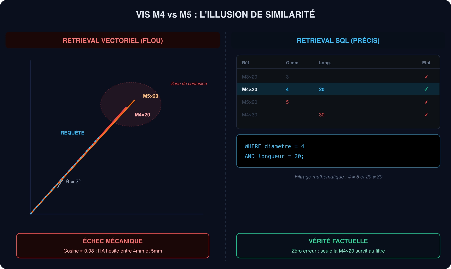 Illustration du cas vis M4×20 vs M5×20 : à gauche, l'espace vectoriel montre deux vecteurs quasi-identiques (cosine ≈ 0,97) impossibles à distinguer ; à droite, une requête SQL avec contrainte diametre_mm = 4 retourne un seul résultat exact et élimine le M5.
