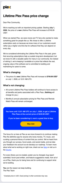 Capture d'écran du mail envoyé par hello@m.plex.tv et ayant pour objet : "Lifetime Plex Pass price change".