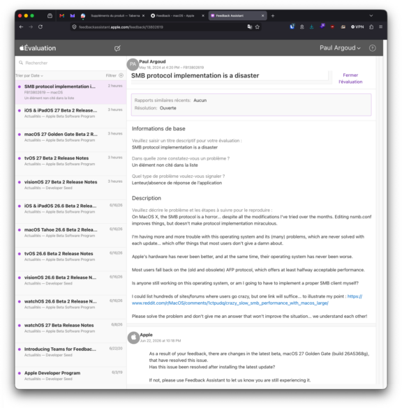 Notification Apple Feedback Assistant pour le ticket FB13802619 intitulé SMB protocol implementation is a disaster.