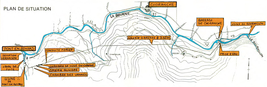 Schéma du plan de situation de l'aménagement hydroélectrique Choranche - Pont-en-Royans, avec la galerie souterraine de 5 756 mètres passant sous le plateau de Châtelus